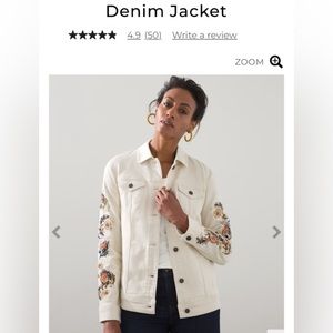 Chicos Embroidered Sleeve Ivory Denim Jacket Size 2 (10-12) EXCELLENT Condition